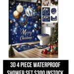 Blue Merry Christmas 3D 4 Piece Waterproof Shower Set