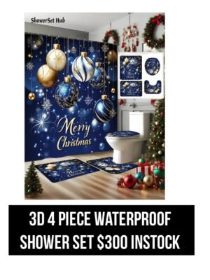 Blue Merry Christmas 3D 4 Piece Waterproof Shower Set