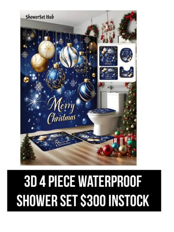 Blue Merry Christmas 3D 4 Piece Waterproof Shower Set